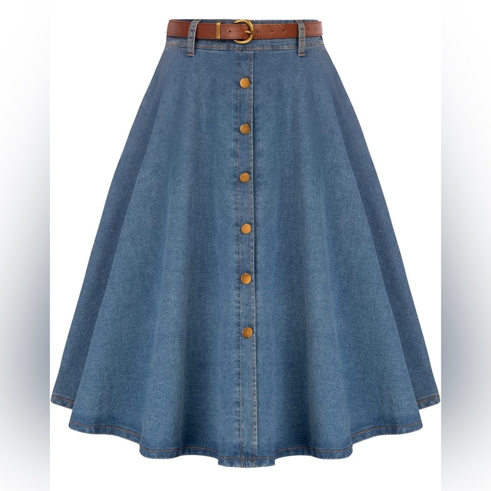 Belle Poque Women's Stretch A-Line Flared Midi Skirt w/ Pockets & Belt Size L